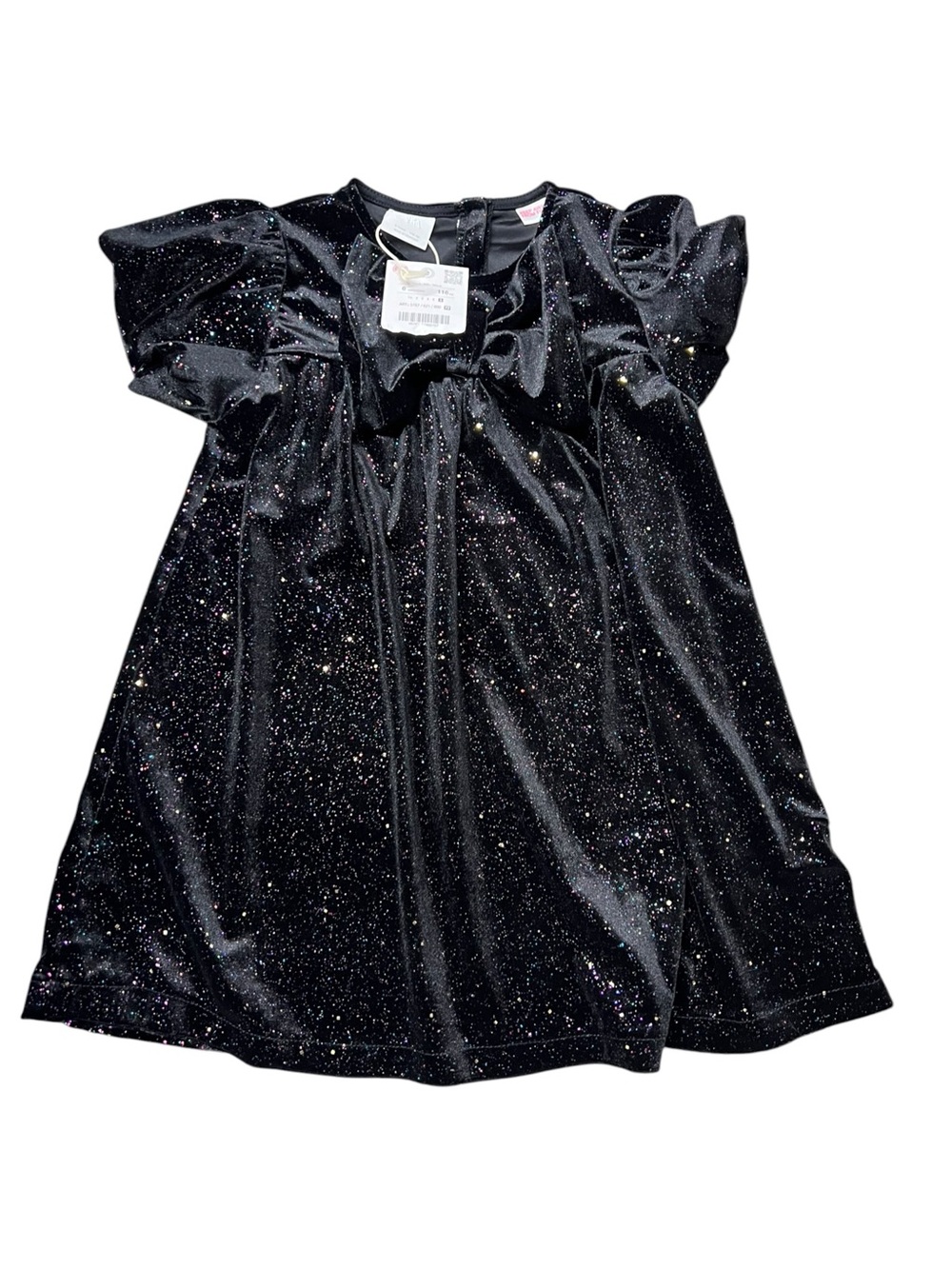 New Zara Black Glitter Sparkle Velvet Bow Front Dress Puff Sleeves Holiday 6